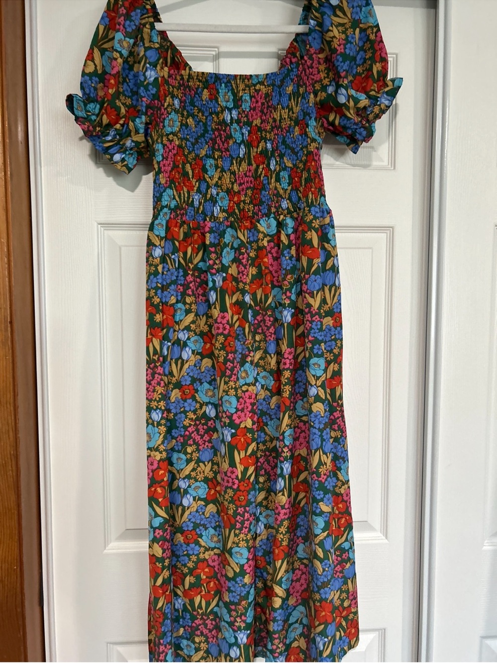SHEIN Black Floral Smocked Midi Dress with Orange, Yellow, Purple & Green